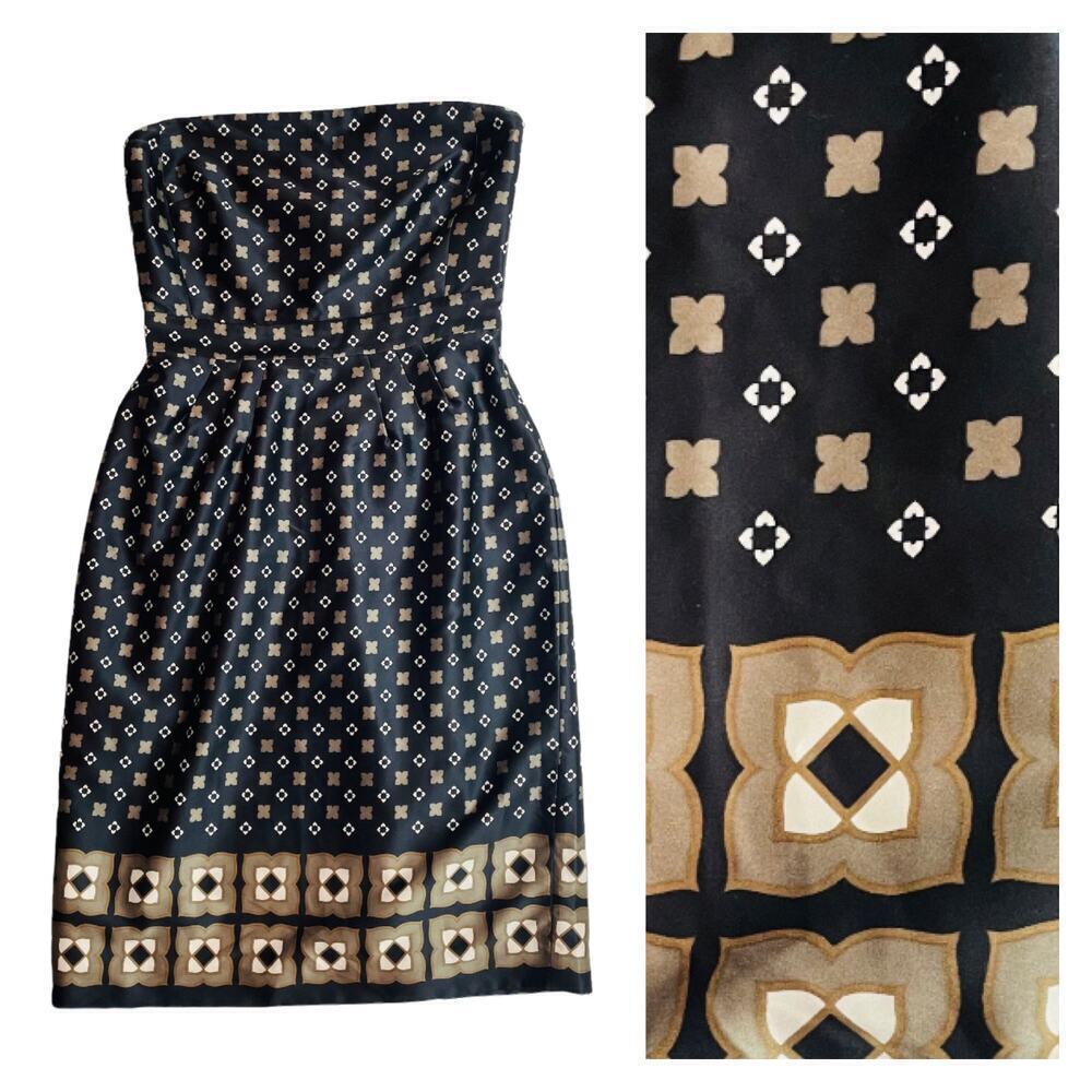 🍀 Banana Republic Black Gold Satin Strapless Quatrefoil Design Dress Women’s 4